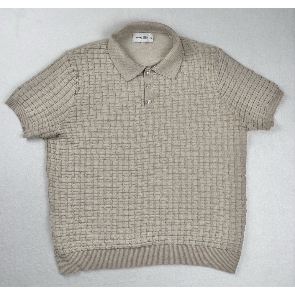 Thomas Sterling Textured Knit Polo Shirt Beige Short Sleeve Size Large‎